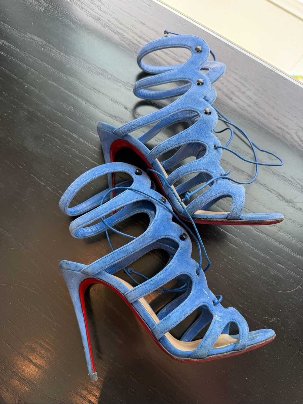 Christian Louboutin AMAZOULO Blue Suede Lace Up High-Heel Sandals 100MM, 38.5 💙